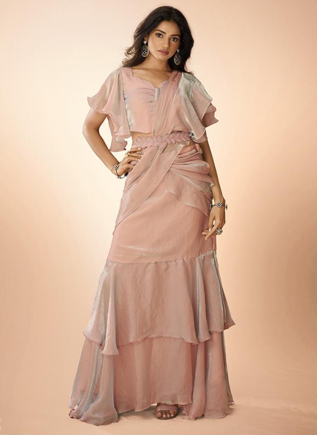 Organza Baby Pink Party Wear Hand Work Ready To Wear Saree